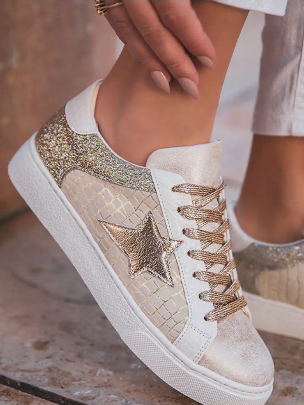 Women's Golden Goose Dupe Cream Sneakers with Metallic Gold Star Accent - Picture 3 of 3